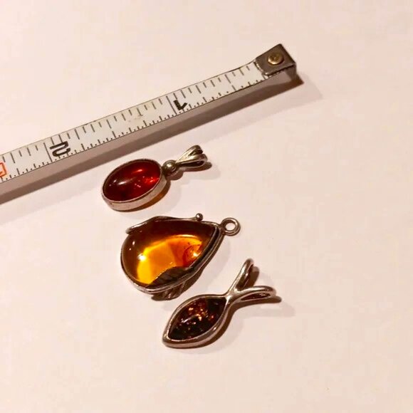 Sterling Silver Amber Pendants Jewelry - VINTAGE STERLING AMBER PENDANTS